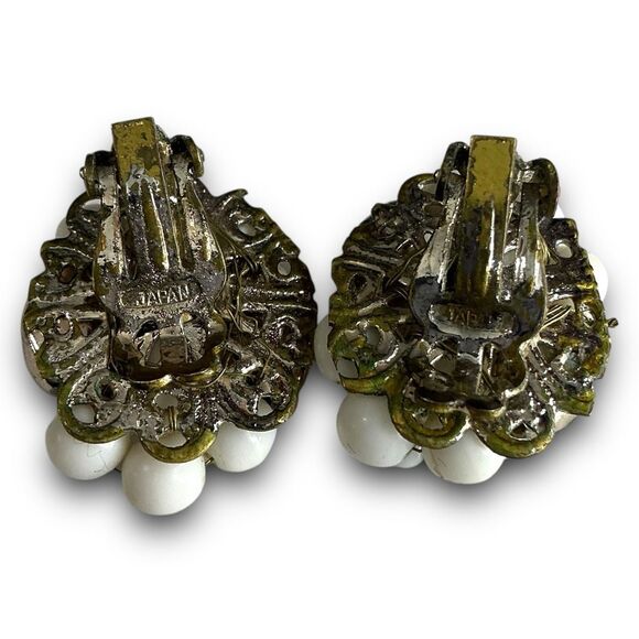 Vintage Classy Gold Toned White and Gold Beaded Cluster Clip On Earrings Marked - Picture 2 of 6